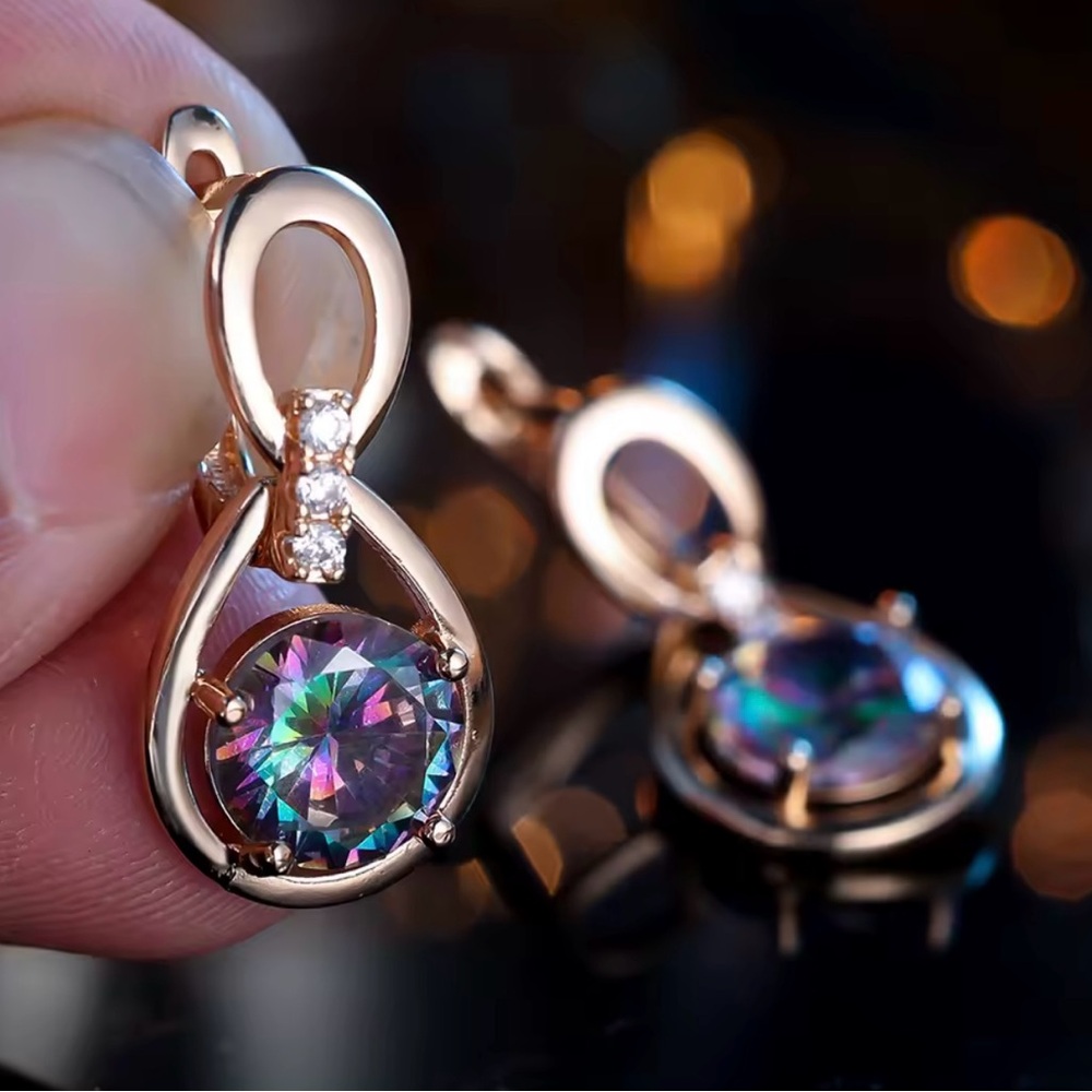 Rose Gold Water Drop Colorful Natural Zirconia Earrings - Picture 1 of 7
